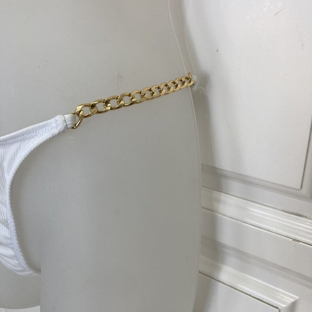 White Thong Bikini 2-piece gold chains sz L removeable cups - Picture 12 of 15